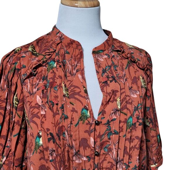 Anthropologie Maeve Liliana Orange Bird Pleated Button Down Blouse Size Medium - Picture 5 of 10